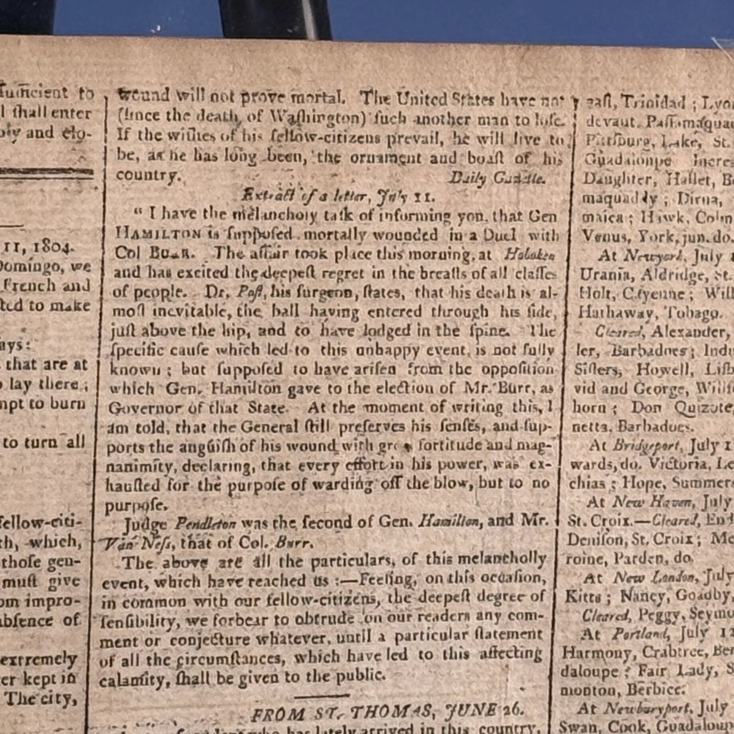 "Gen. Hamilton is supposed mortally wounded" — Boston Gazette, July 16, 1804