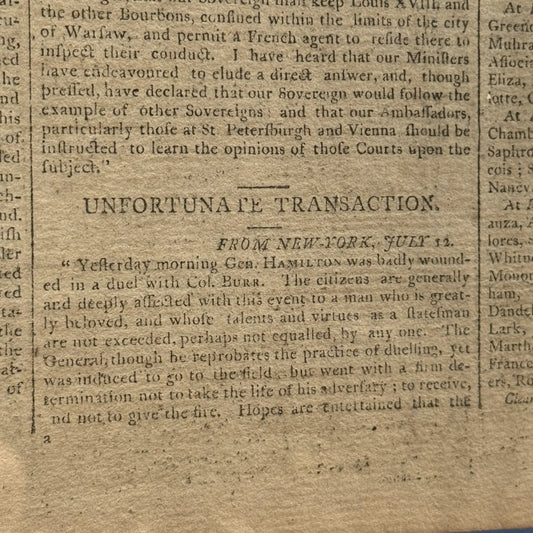 "Gen. Hamilton is supposed mortally wounded" — Boston Gazette, July 16, 1804