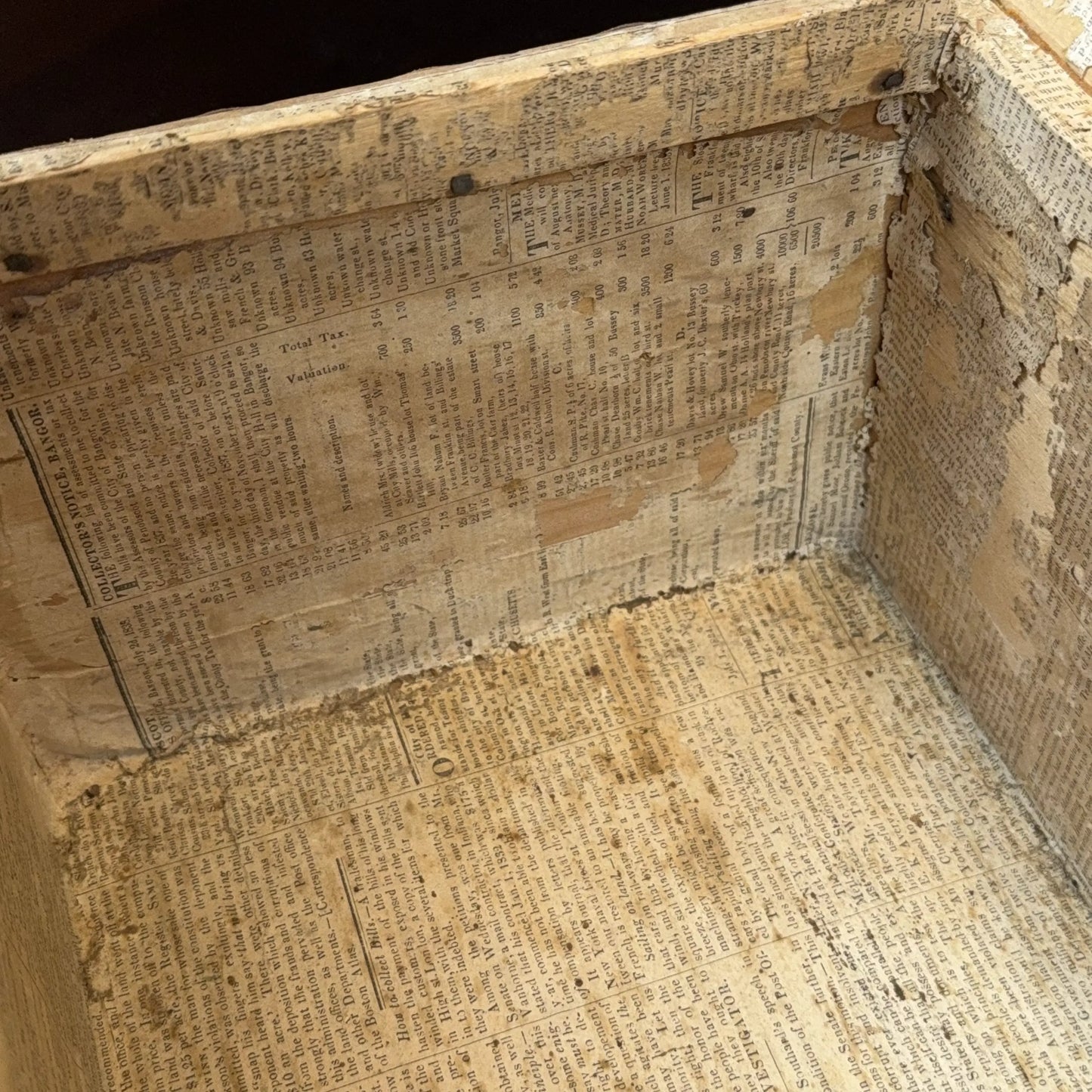 Small document trunk lined with papers from 1834 and 1838