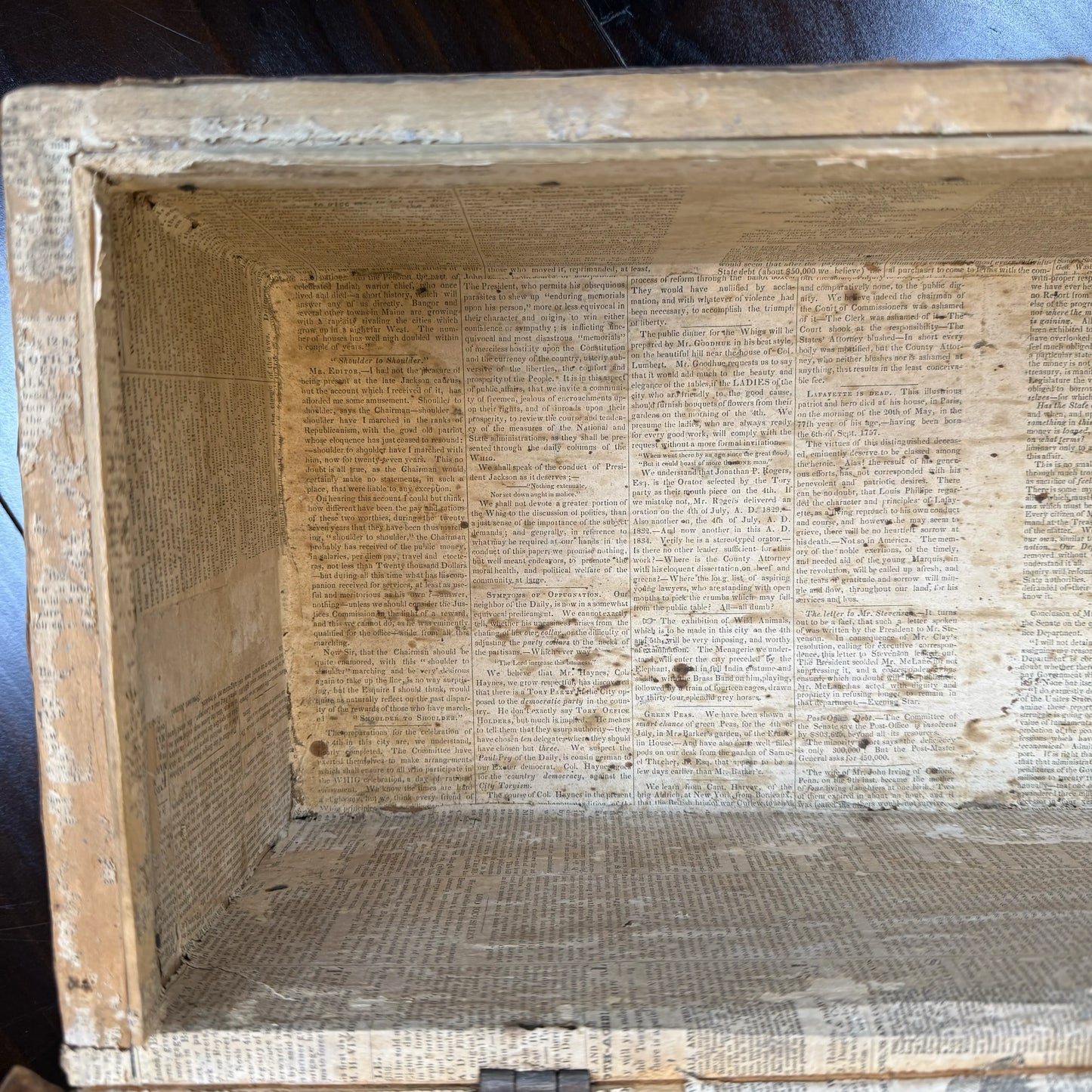 Small document trunk lined with papers from 1834 and 1838