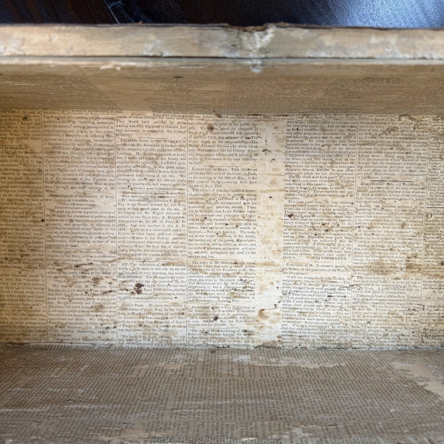 Small document trunk lined with papers from 1834 and 1838