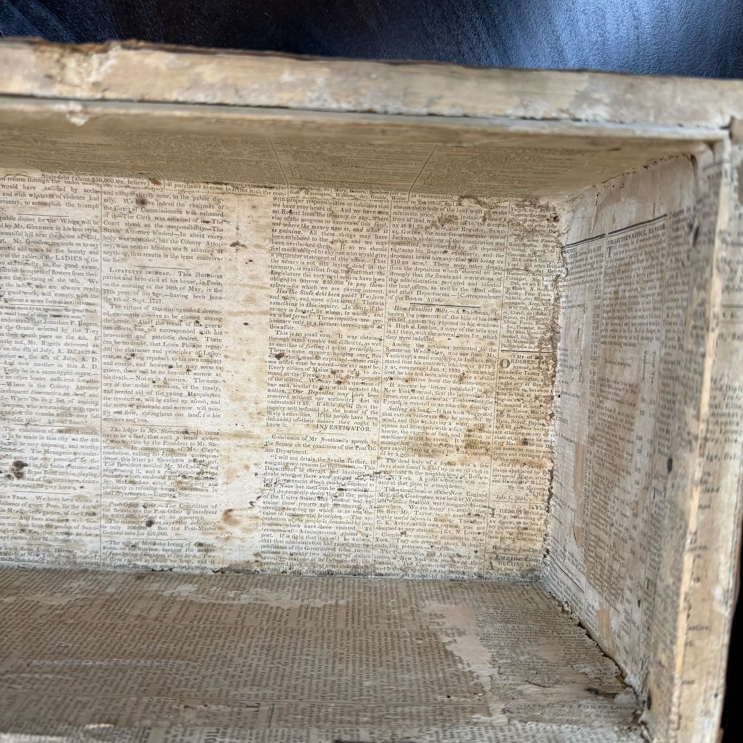 Small document trunk lined with papers from 1834 and 1838