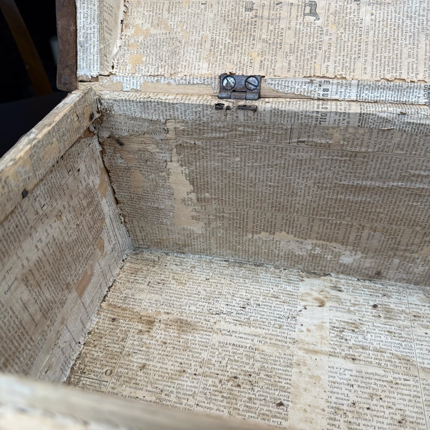 Small document trunk lined with papers from 1834 and 1838