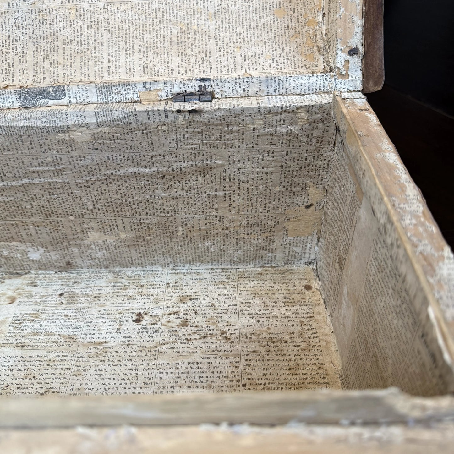 Small document trunk lined with papers from 1834 and 1838