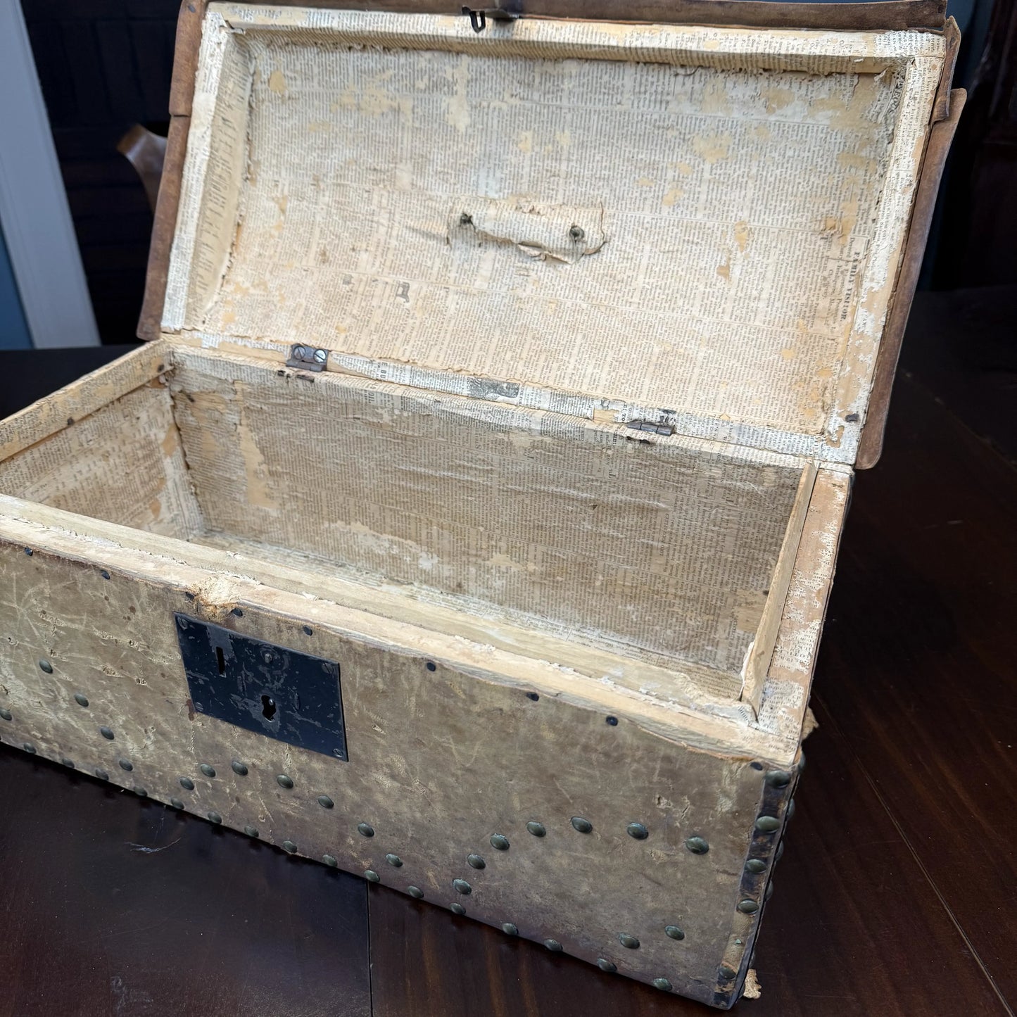 Small document trunk lined with papers from 1834 and 1838