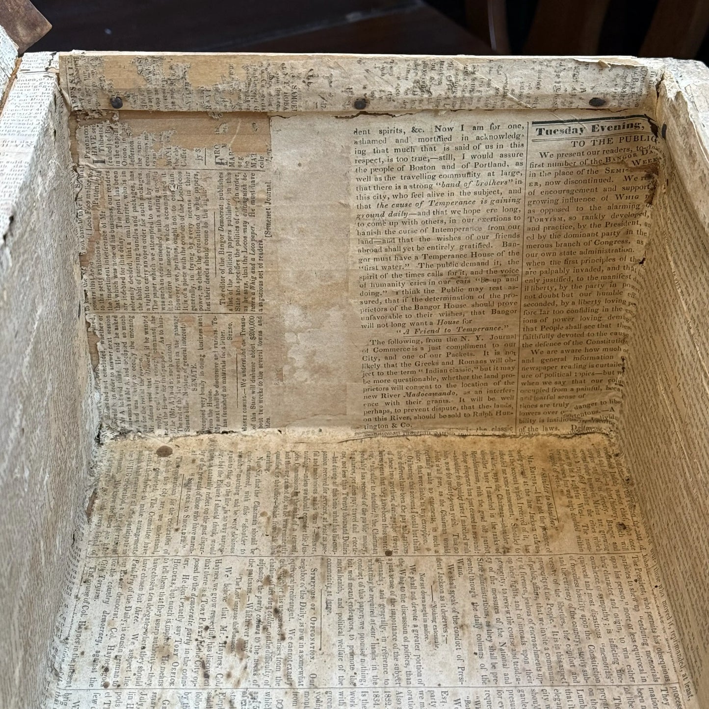 Small document trunk lined with papers from 1834 and 1838