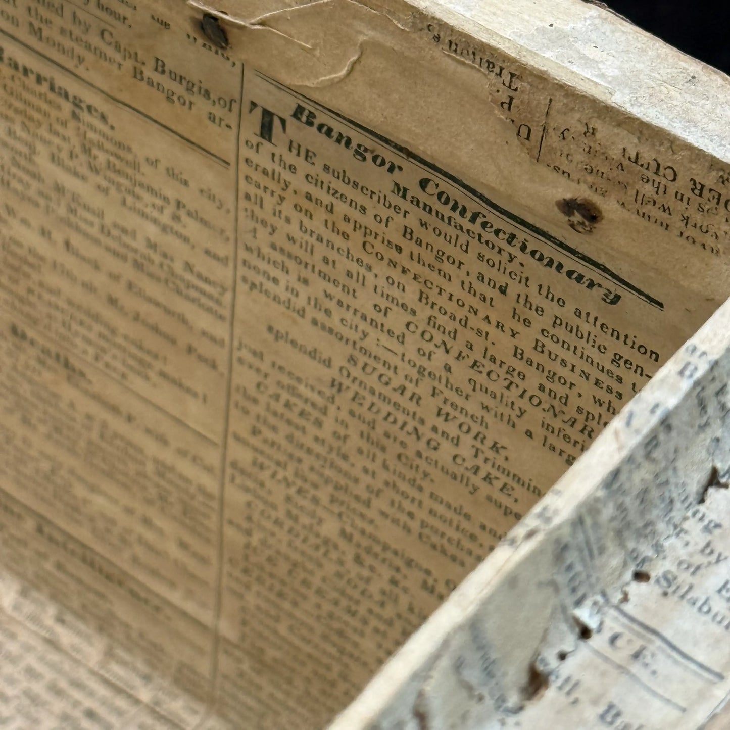 Small document trunk lined with papers from 1834 and 1838