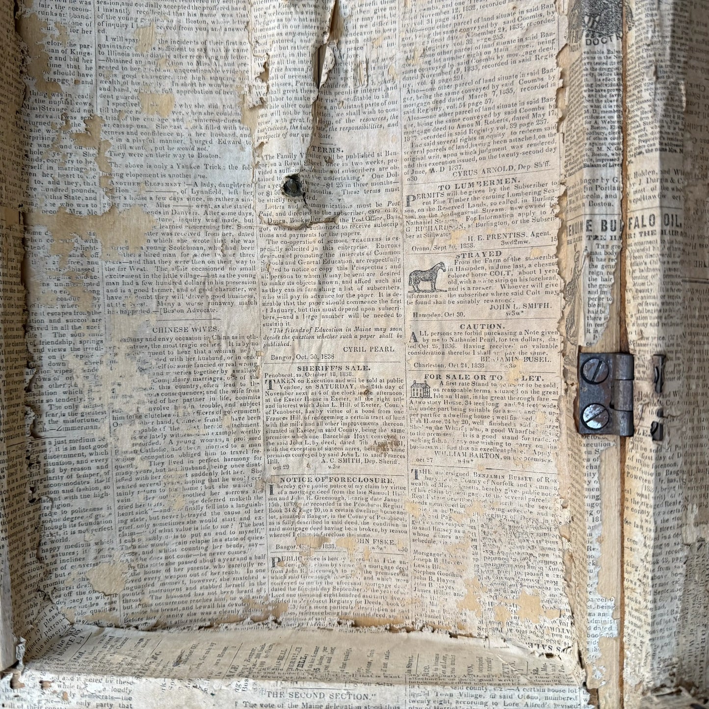 Small document trunk lined with papers from 1834 and 1838