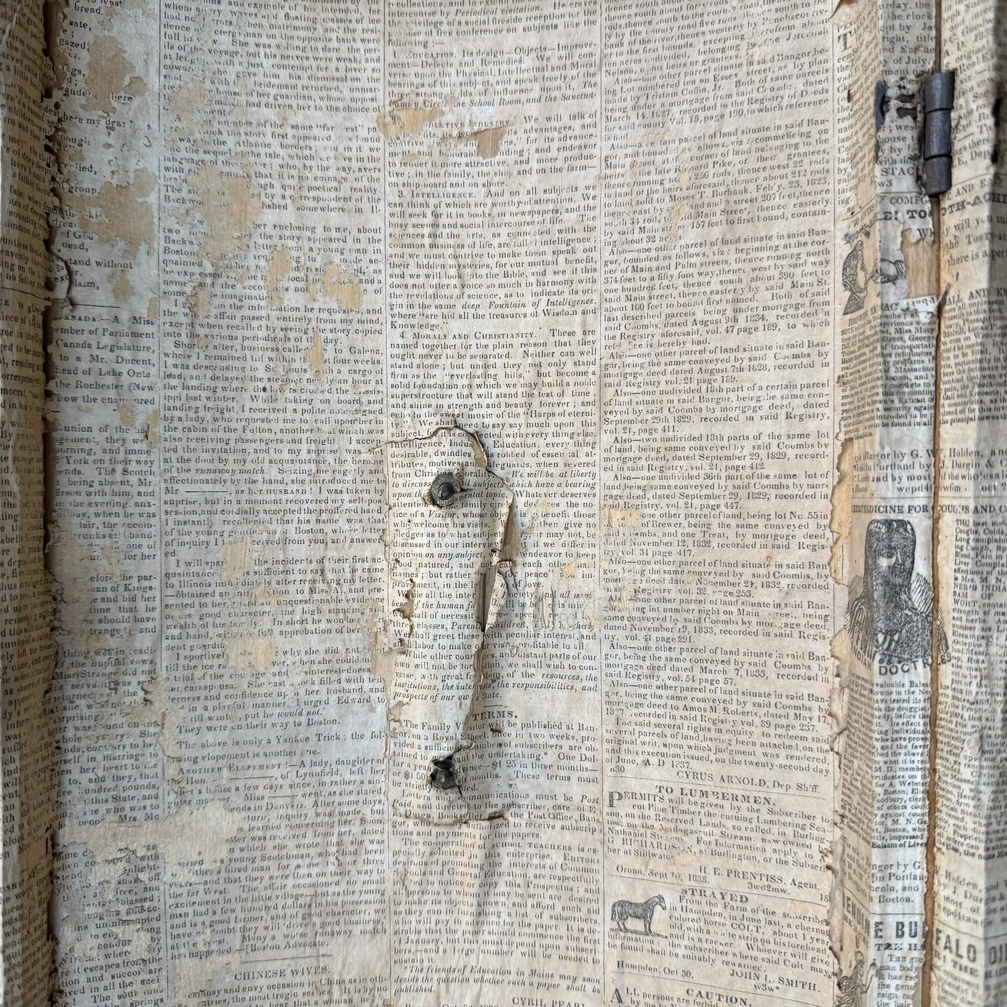 Small document trunk lined with papers from 1834 and 1838