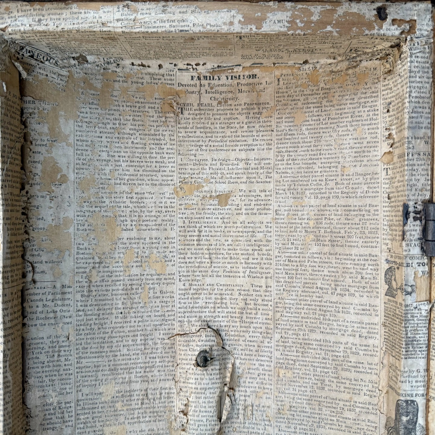 Small document trunk lined with papers from 1834 and 1838
