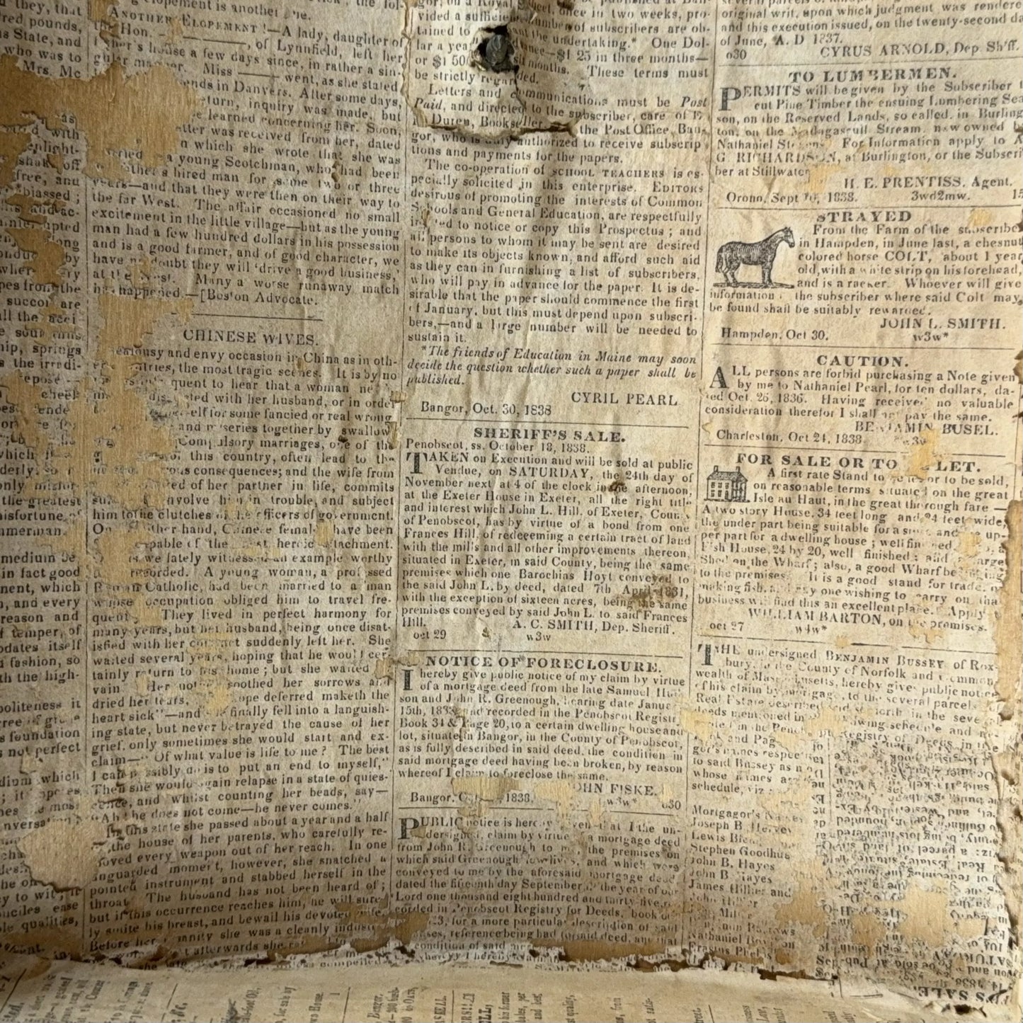 Small document trunk lined with papers from 1834 and 1838