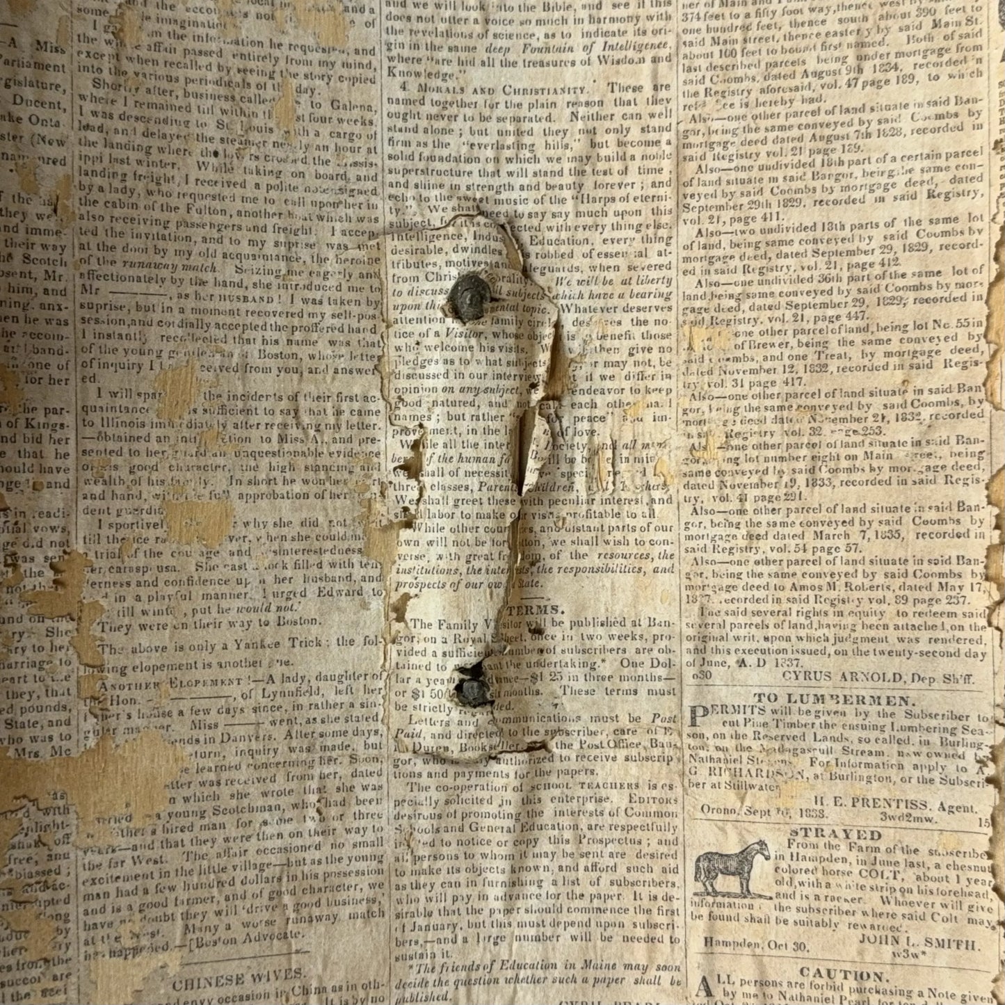 Small document trunk lined with papers from 1834 and 1838