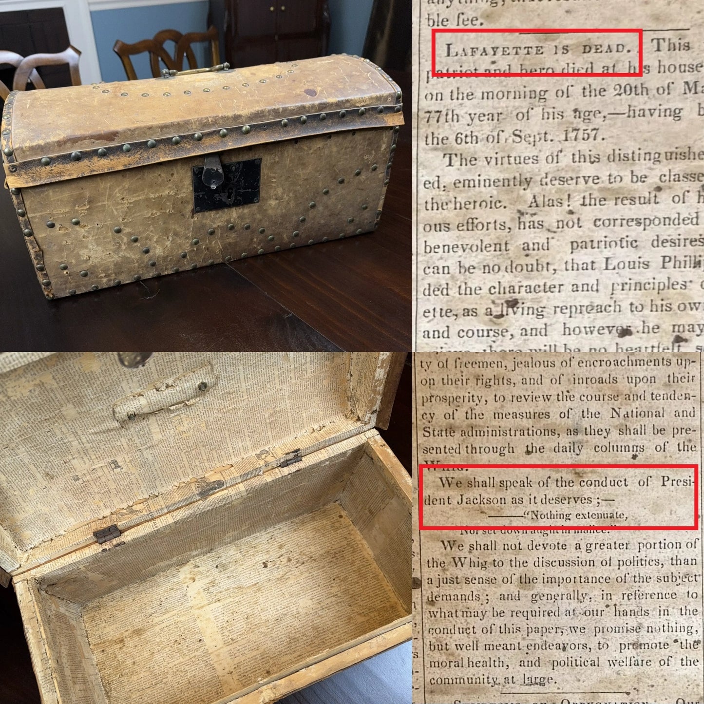 "Document trunk lined with papers from 1834" from The History List Store.