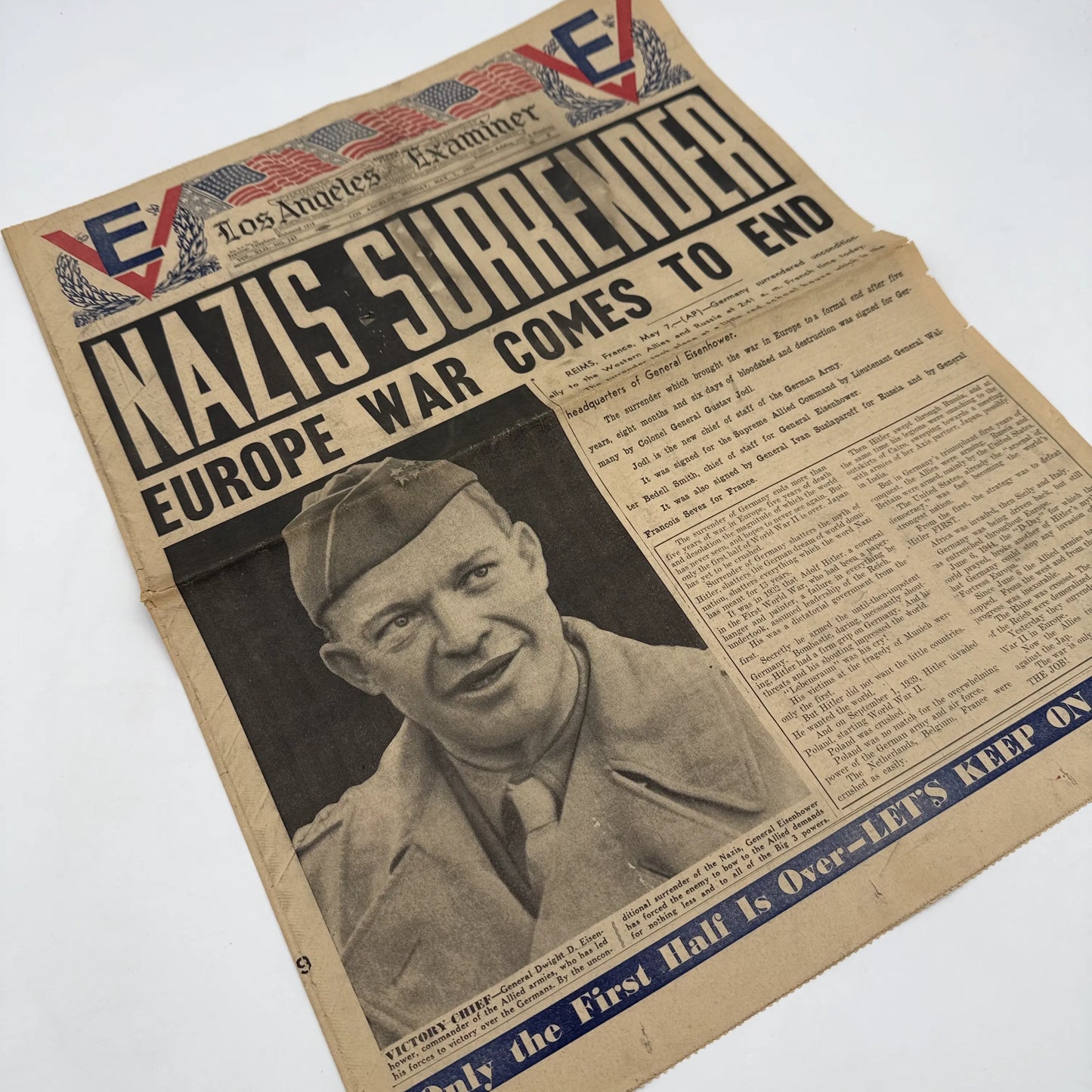 Los Angeles Examiner — "Nazis Surrender" — May 7, 1945 — With large color map