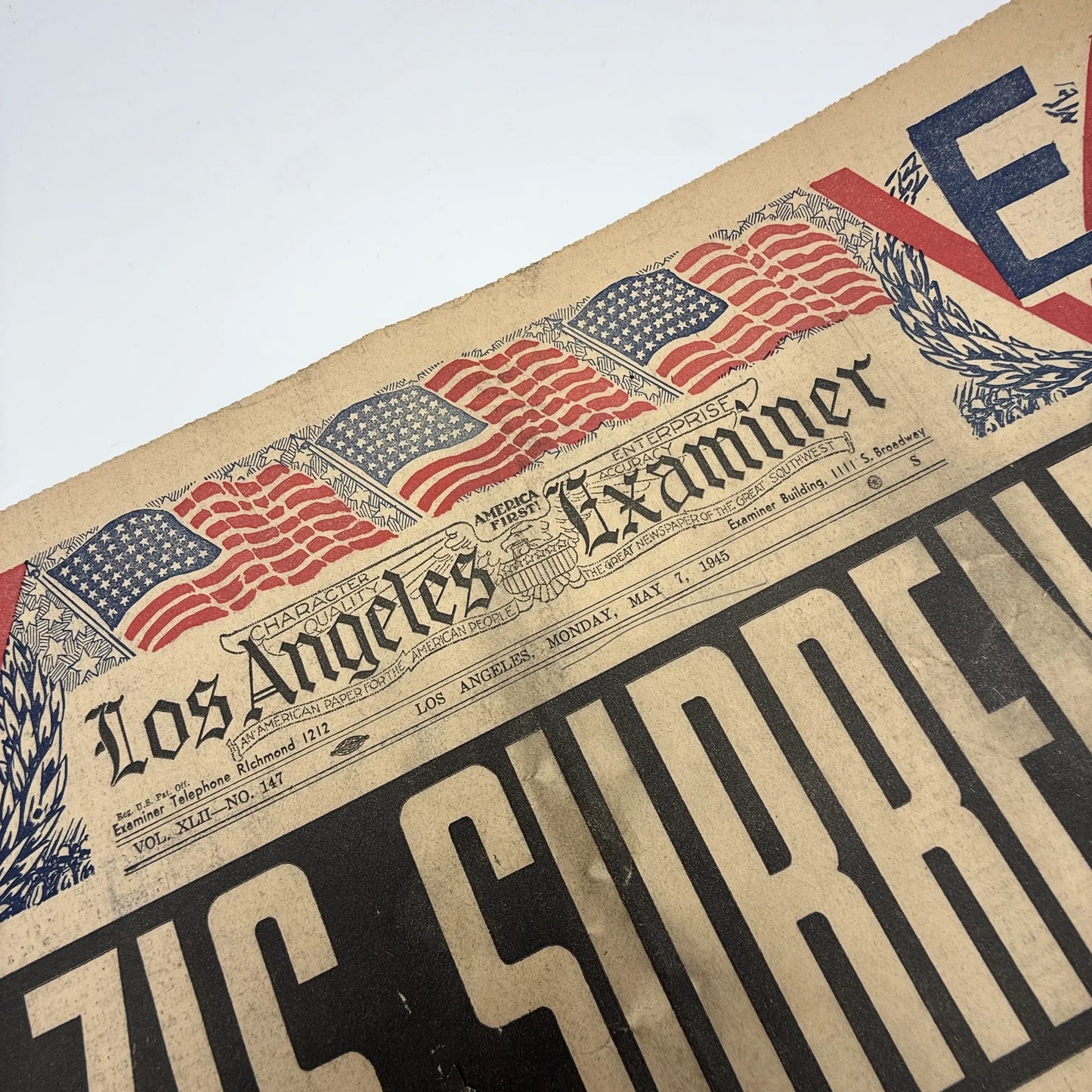 Los Angeles Examiner — "Nazis Surrender" — May 7, 1945 — With large color map