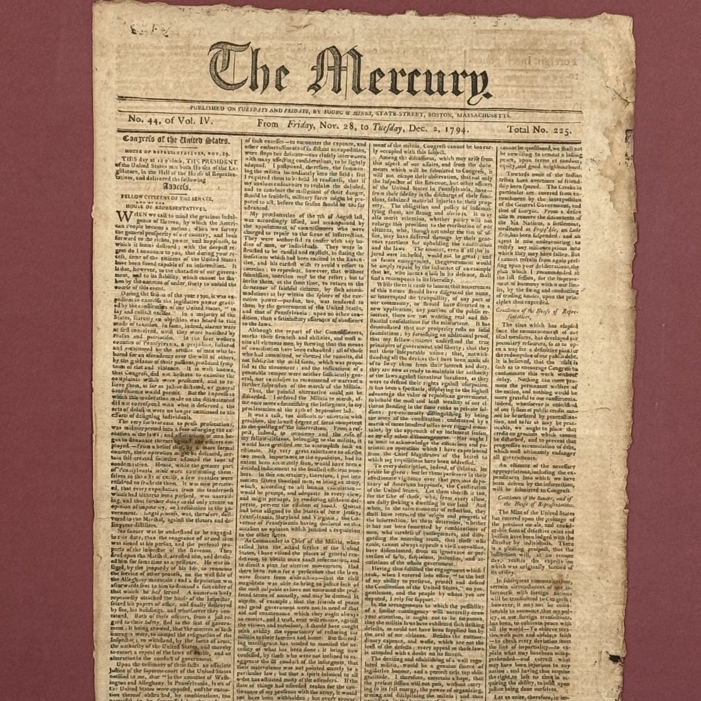 Washington's Sixth Annual Message to Congress on November 19, 1794 in "The Mercury"