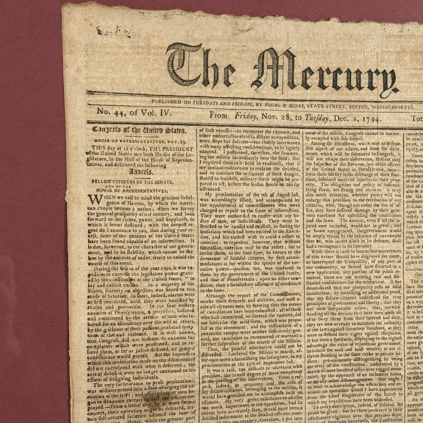 Washington's Sixth Annual Message to Congress on November 19, 1794 in "The Mercury"