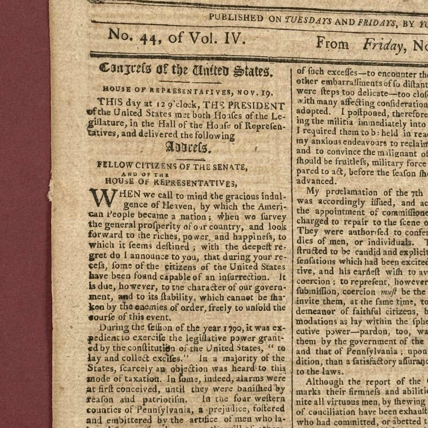 Washington's Sixth Annual Message to Congress on November 19, 1794 in "The Mercury"