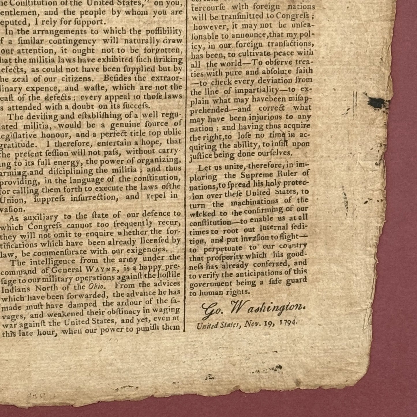 Washington's Sixth Annual Message to Congress on November 19, 1794 in "The Mercury"