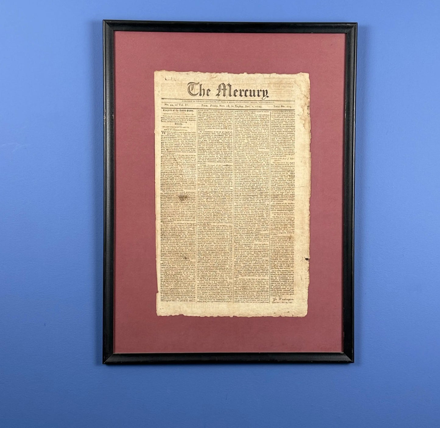 Washington's Sixth Annual Message to Congress on November 19, 1794 in "The Mercury"