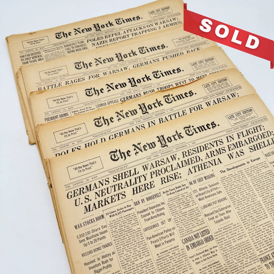 The outbreak of WWII in The New York Times — September 6, 7, 8, 10, and 11, 1939 — Sold as a set