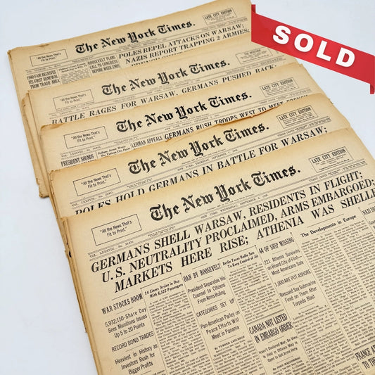The outbreak of WWII in The New York Times — September 6, 7, 8, 10, and 11, 1939 — Sold as a set