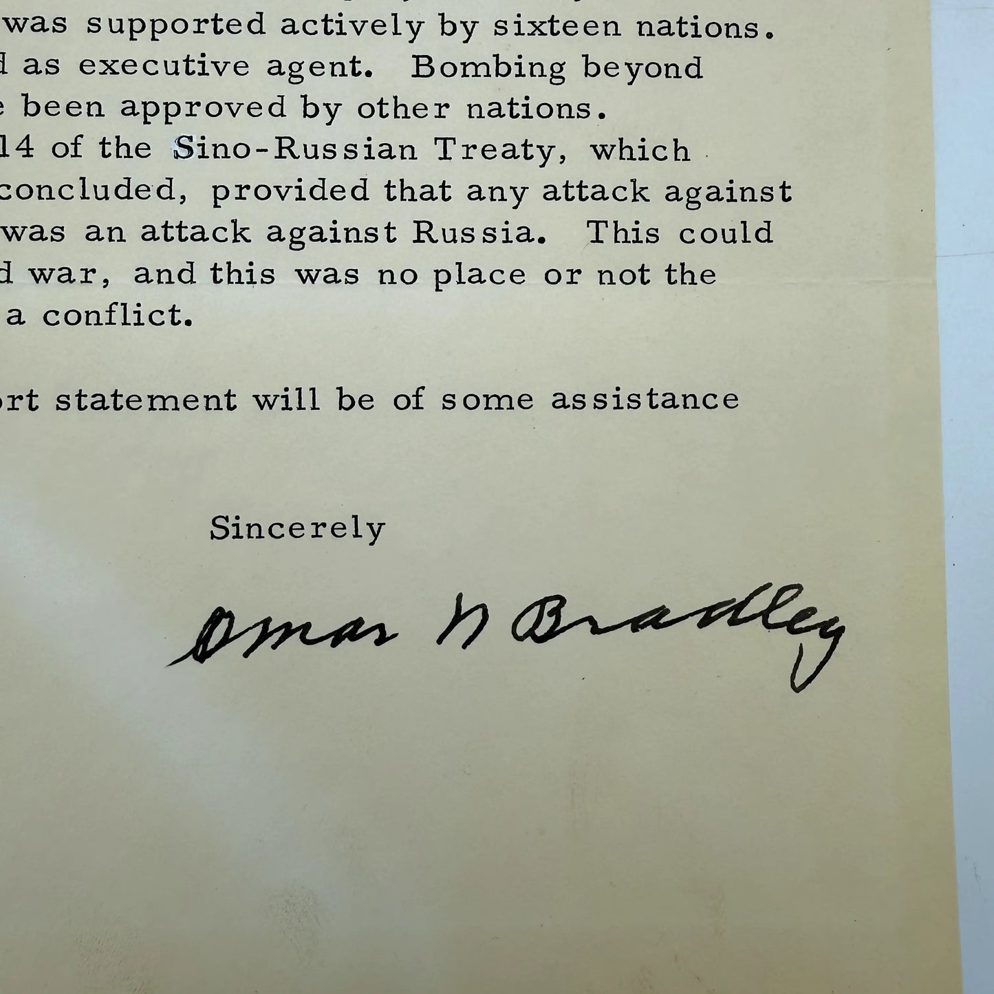 Omar Bradley on Truman relieving MacArthur — Signed — February 26, 1965