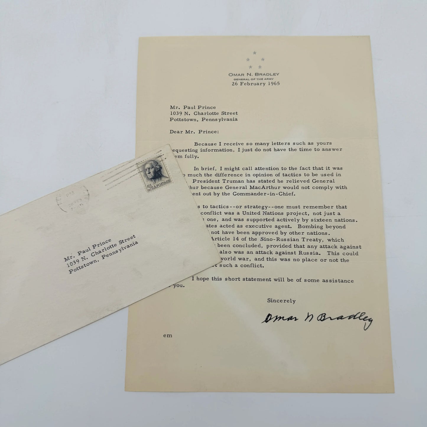 Omar Bradley on Truman relieving MacArthur — Signed — February 26, 1965