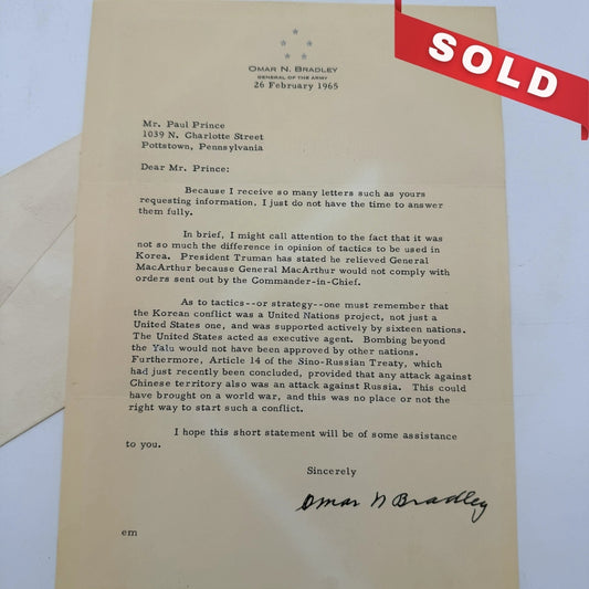 Omar Bradley on Truman relieving MacArthur — Signed — February 26, 1965