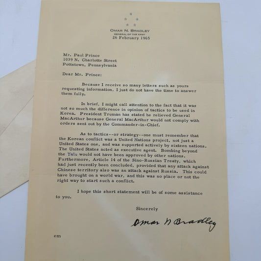 Omar Bradley on Truman relieving MacArthur — Signed — February 26, 1965