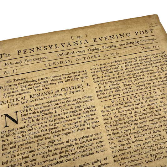 "Pennsylvania Evening Post" with an early reference to "Minutemen" — October 31, 1775