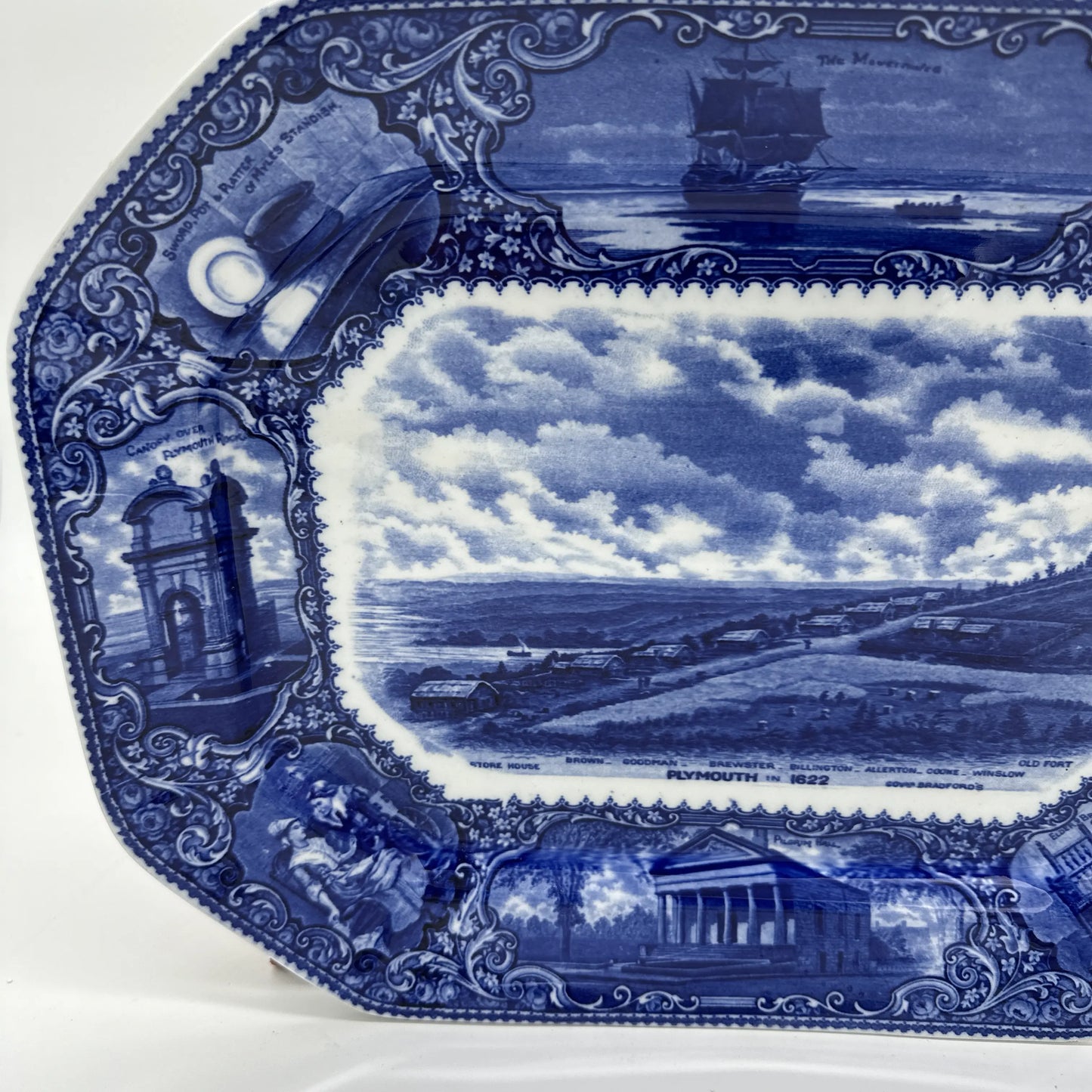 Large Historical Platter with several scenes of Plymouth in 1622 and after