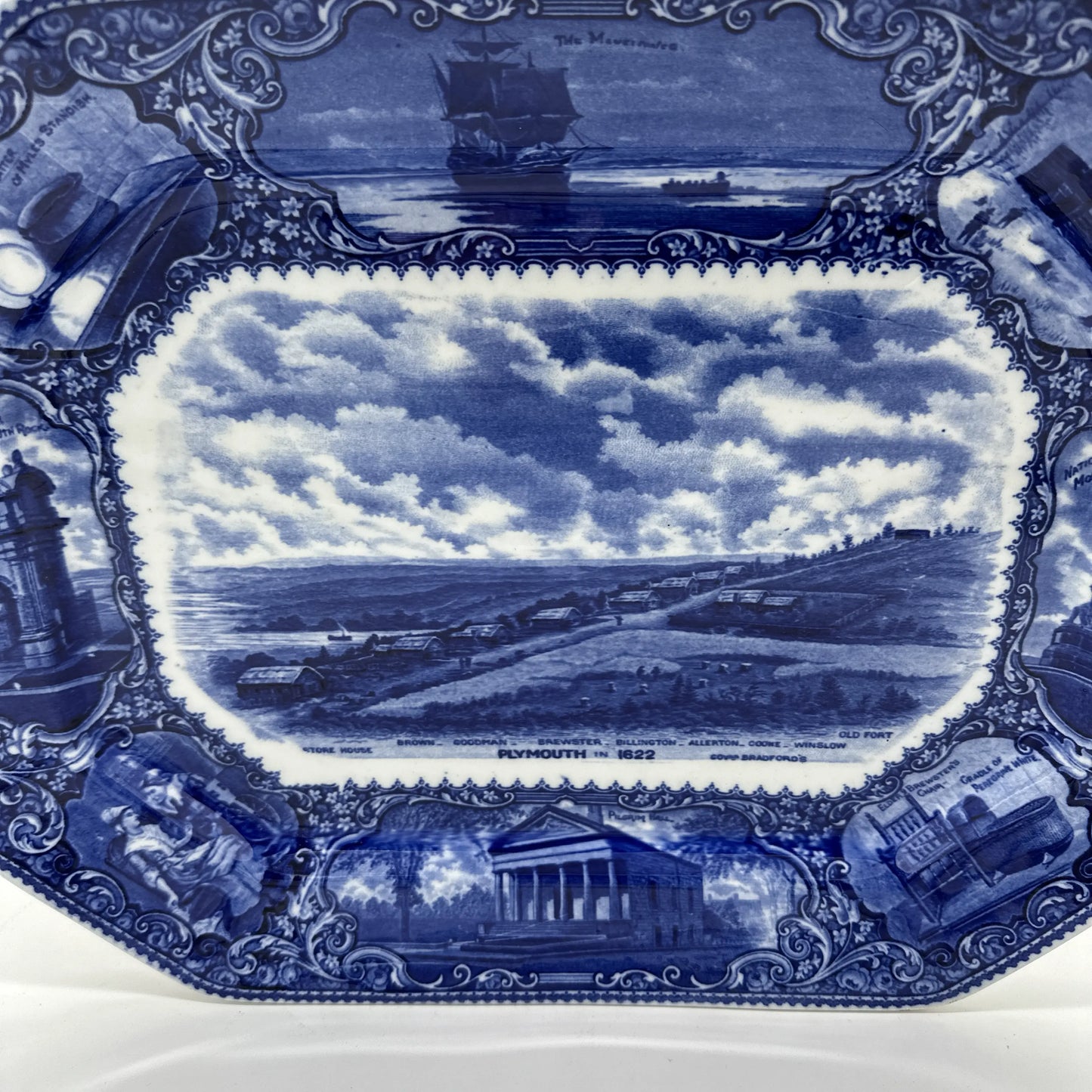 Large Historical Platter with several scenes of Plymouth in 1622 and after