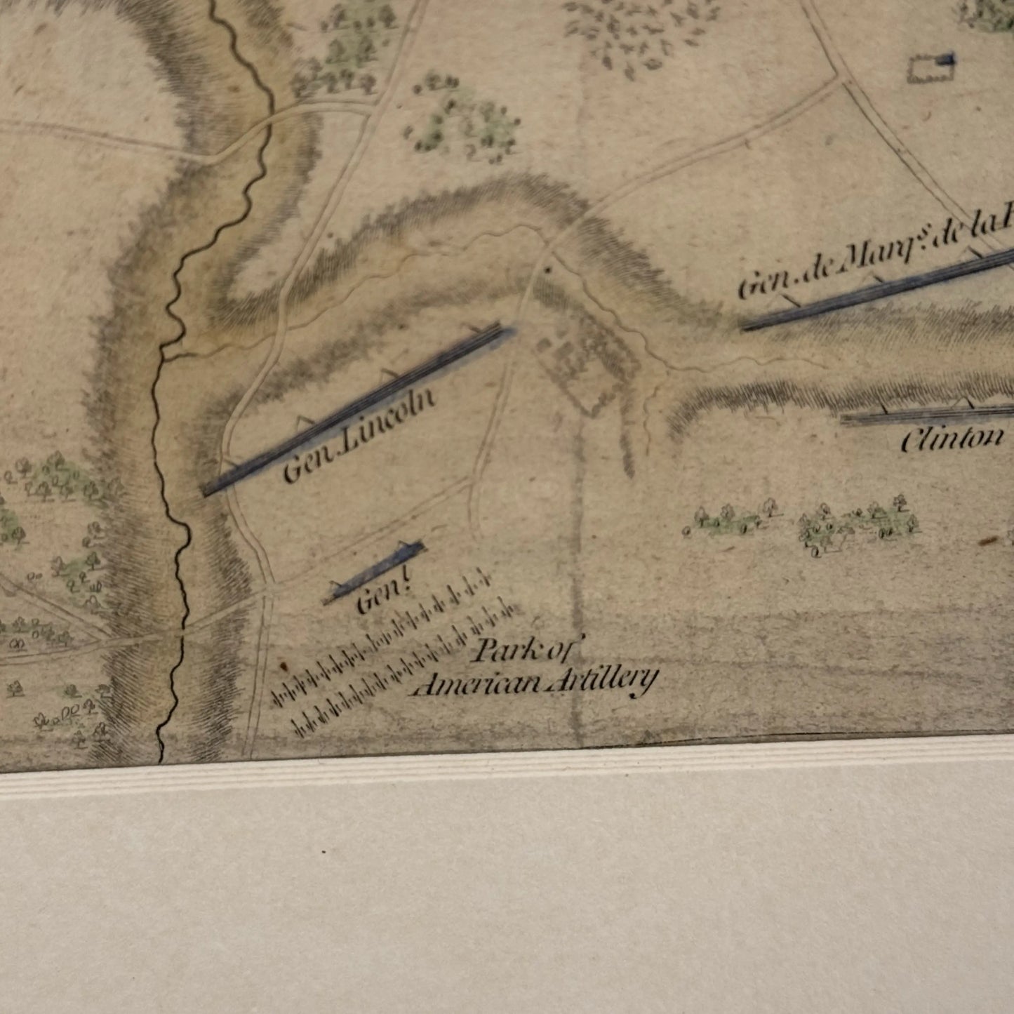 Engraved and hand-colored 1794 plan of the siege of Yorktown — Framed