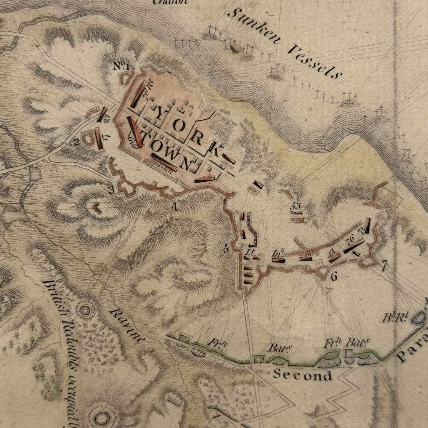 Engraved and hand-colored 1794 plan of the siege of Yorktown — Framed