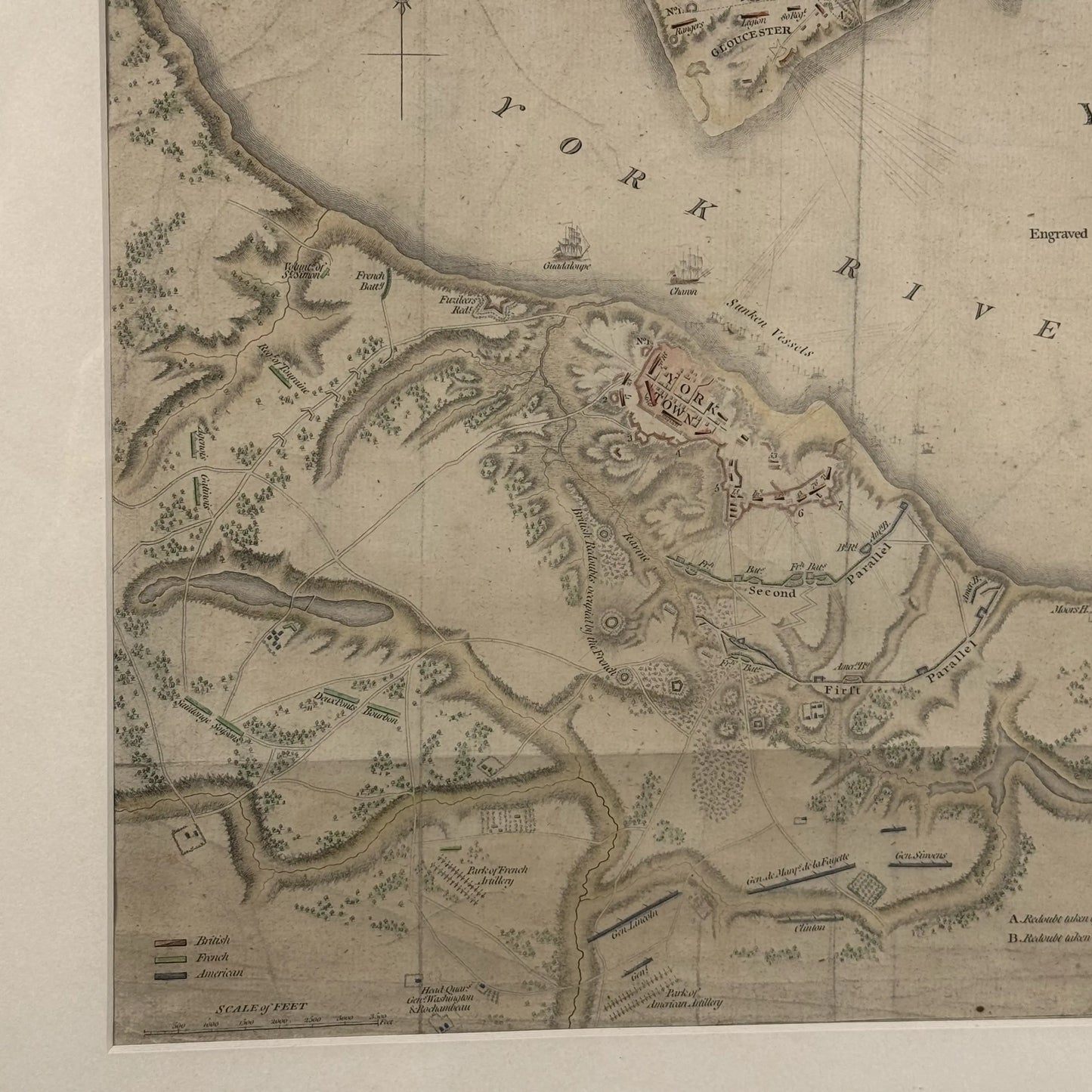 Engraved and hand-colored 1794 plan of the siege of Yorktown — Framed