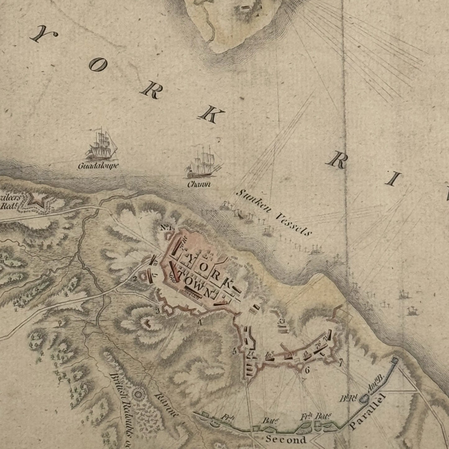Engraved and hand-colored 1794 plan of the siege of Yorktown — Framed