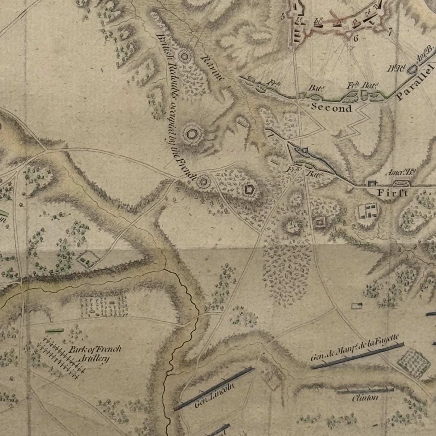 Engraved and hand-colored 1794 plan of the siege of Yorktown — Framed