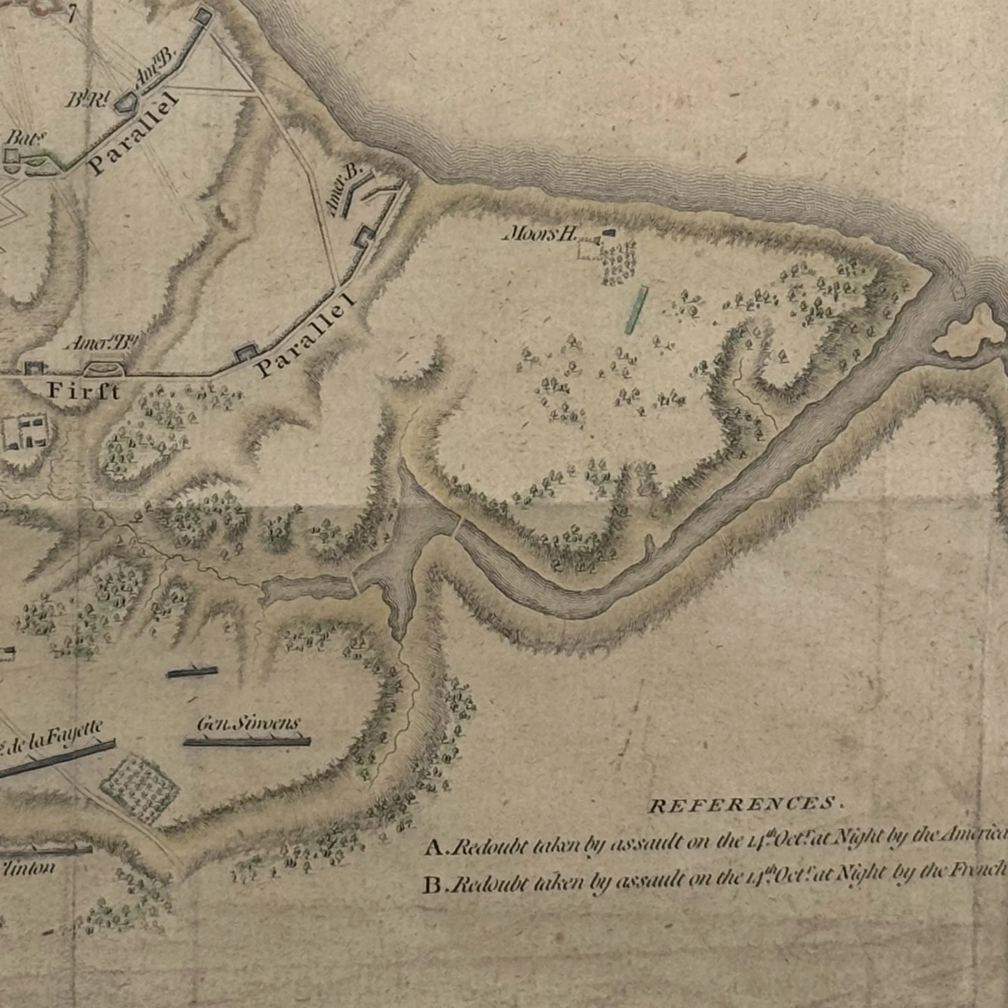 Engraved and hand-colored 1794 plan of the siege of Yorktown — Framed