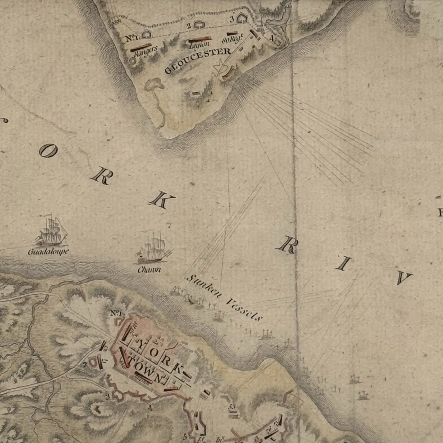 Engraved and hand-colored 1794 plan of the siege of Yorktown — Framed