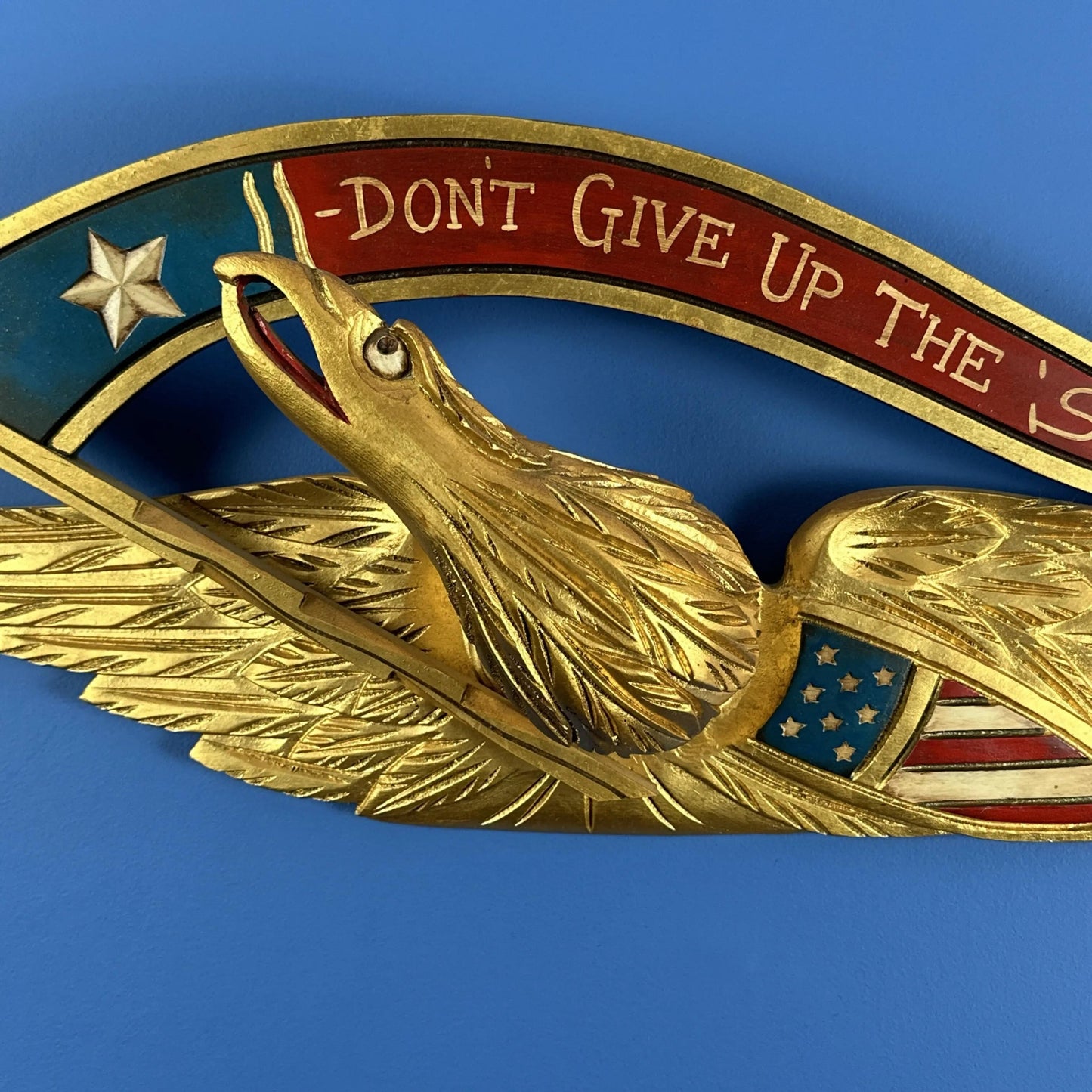 Carved wooden eagle — "Don't give up the ship" — 28" wide