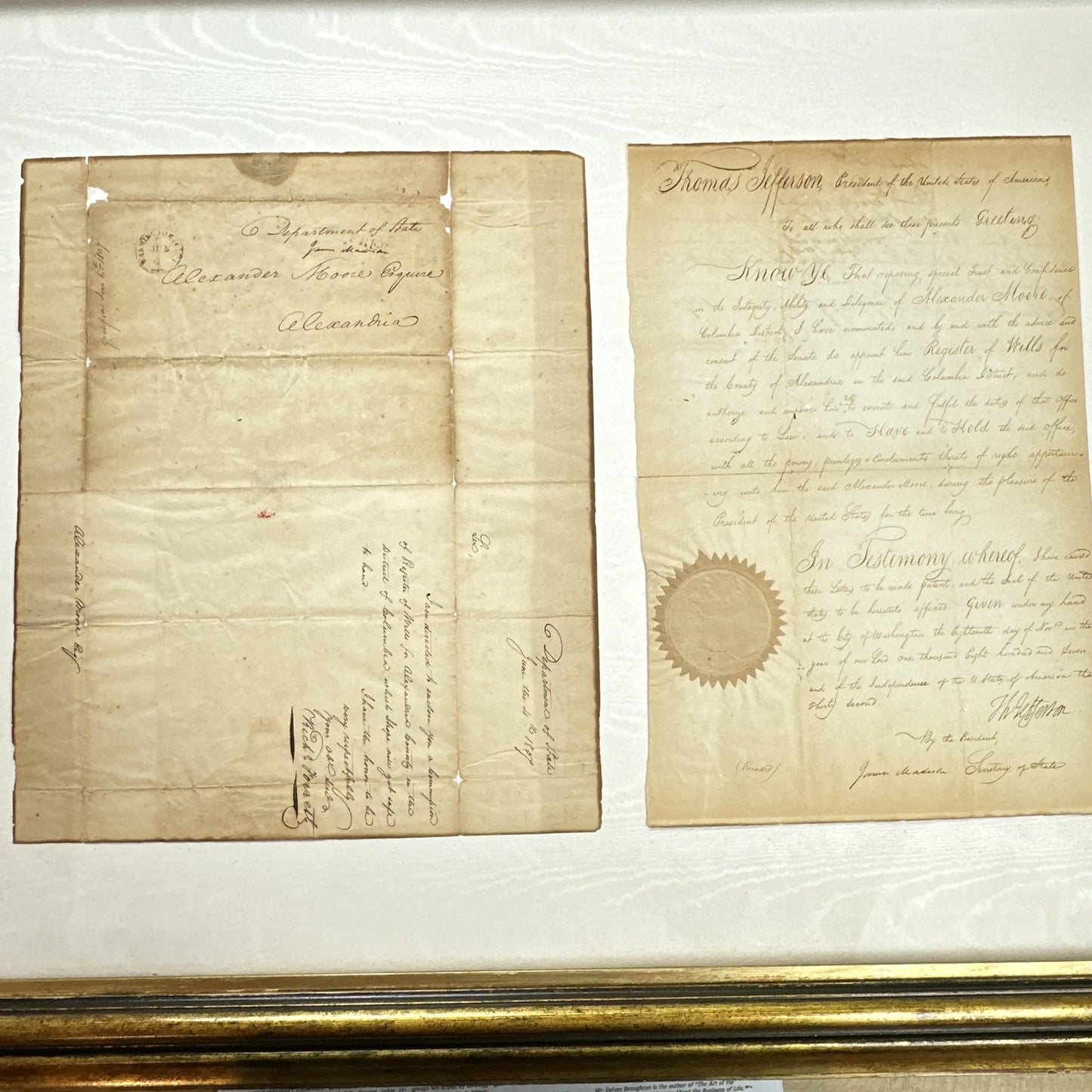 Presidential appointment signed by Thomas Jefferson and James Madison - 1807 - In an antique frame