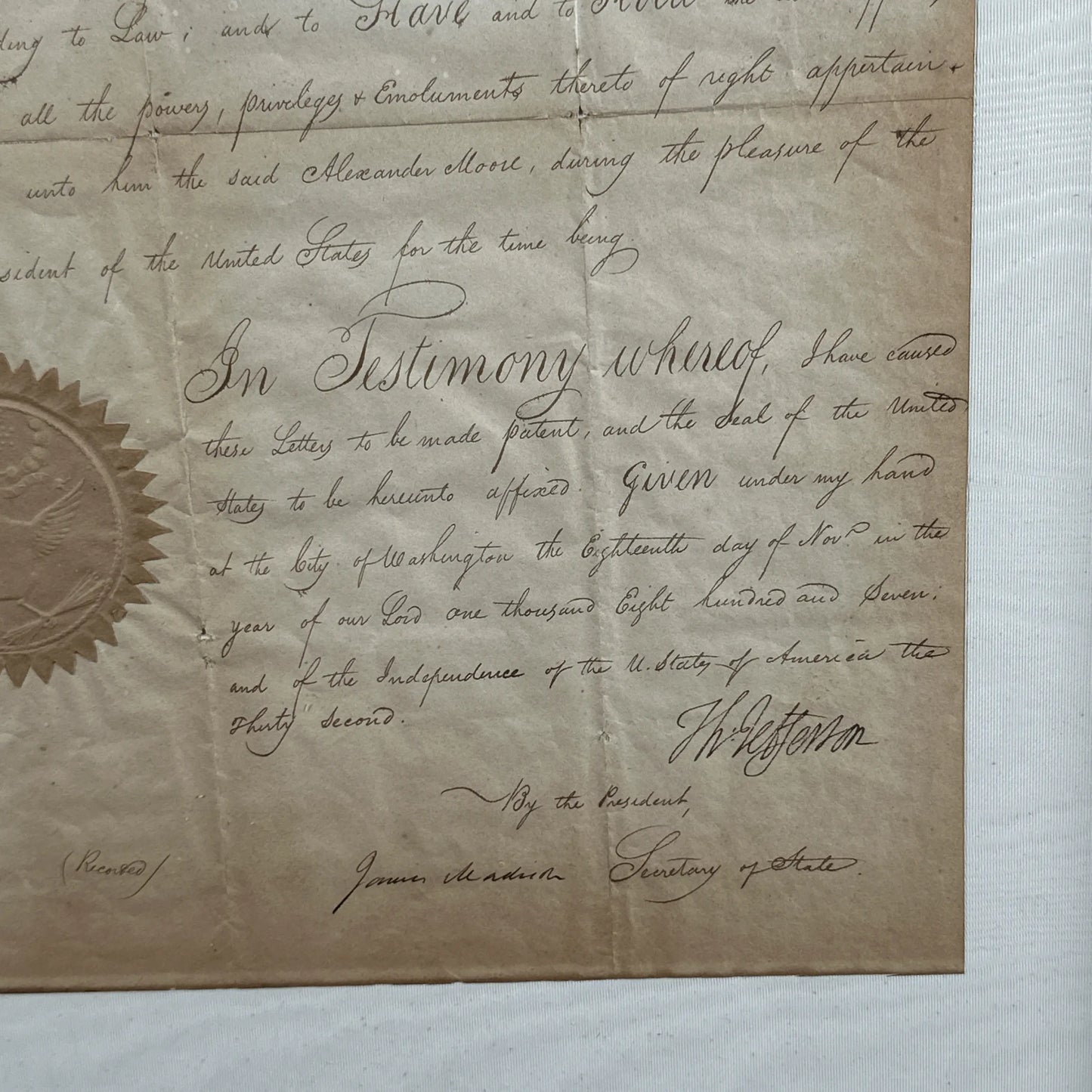 Presidential appointment signed by Thomas Jefferson and James Madison - 1807 - In an antique frame