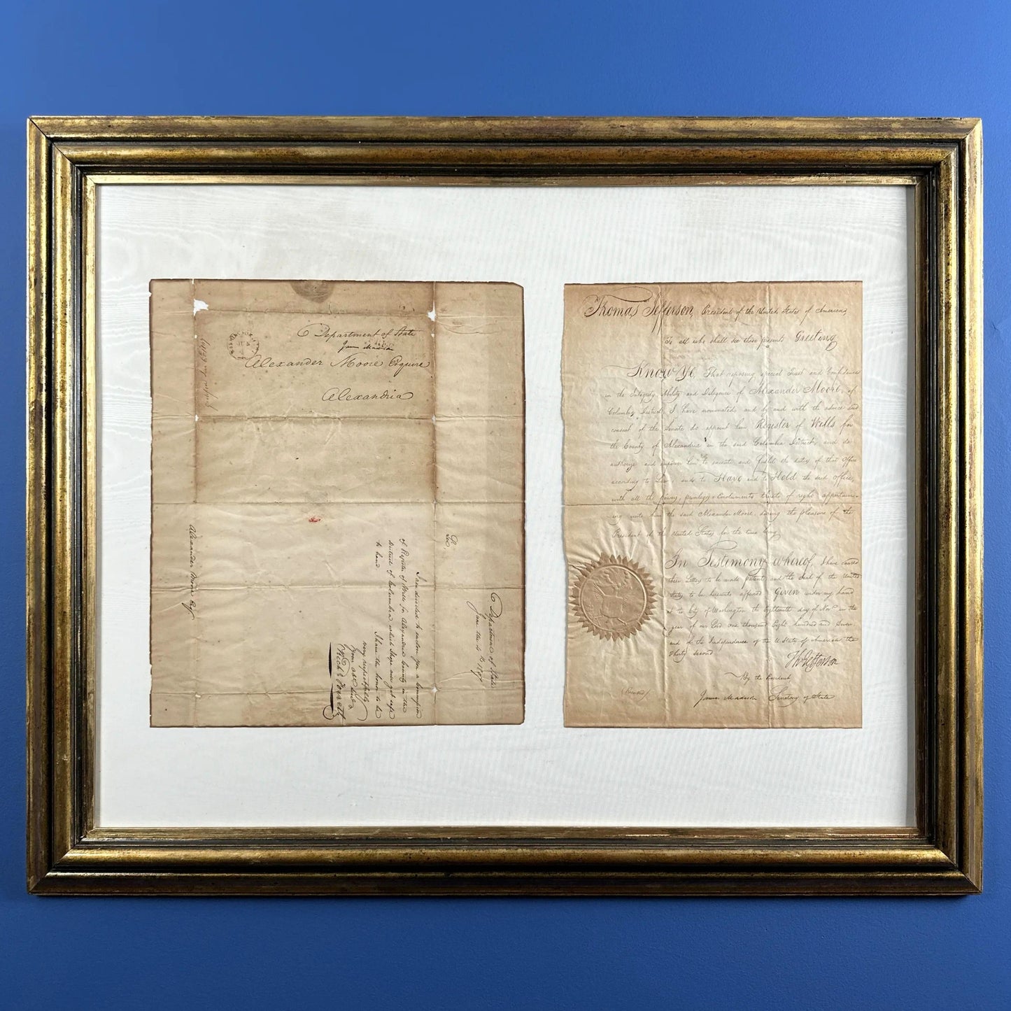 Presidential appointment signed by Thomas Jefferson and James Madison - 1807 - In an antique frame