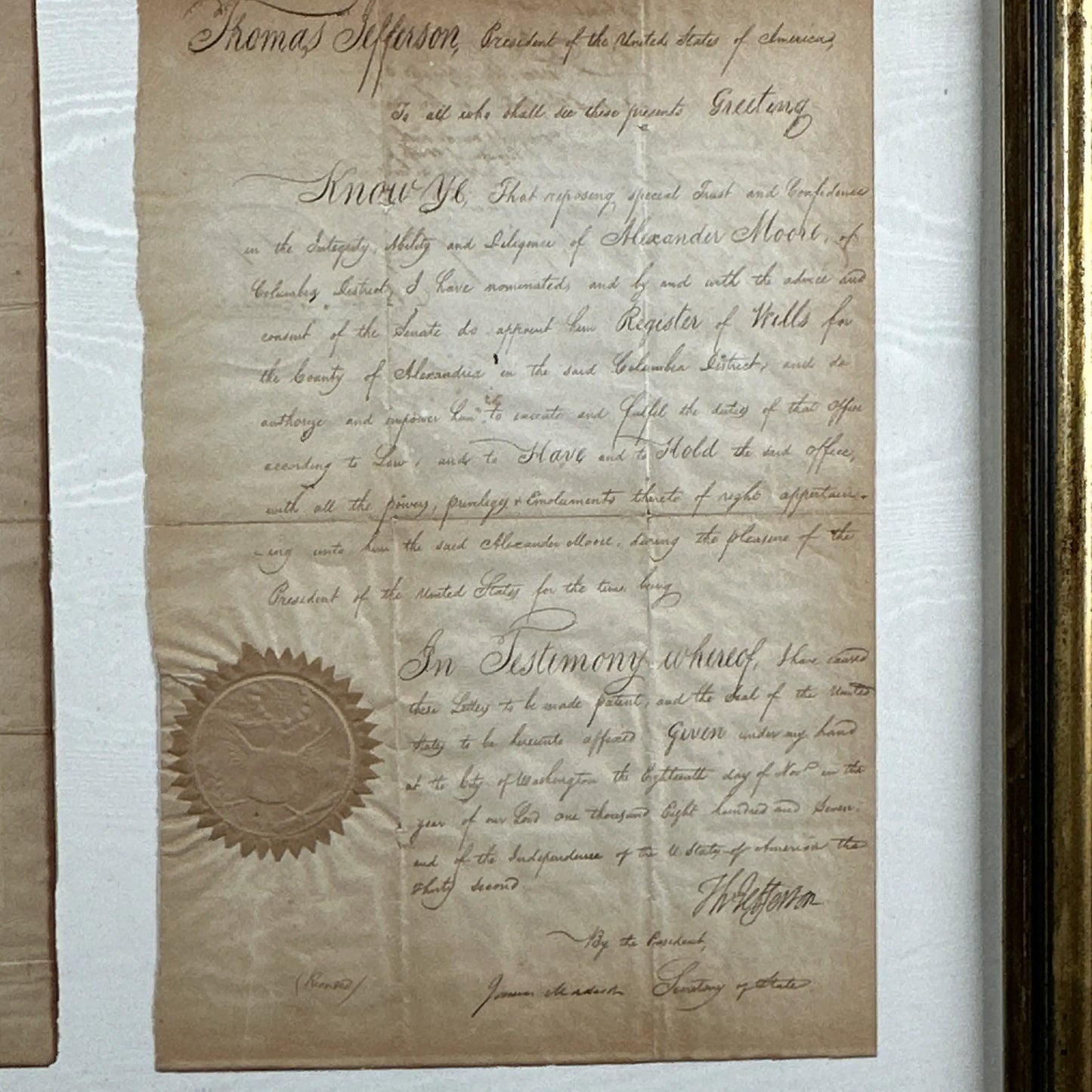 Presidential appointment signed by Thomas Jefferson and James Madison - 1807 - In an antique frame