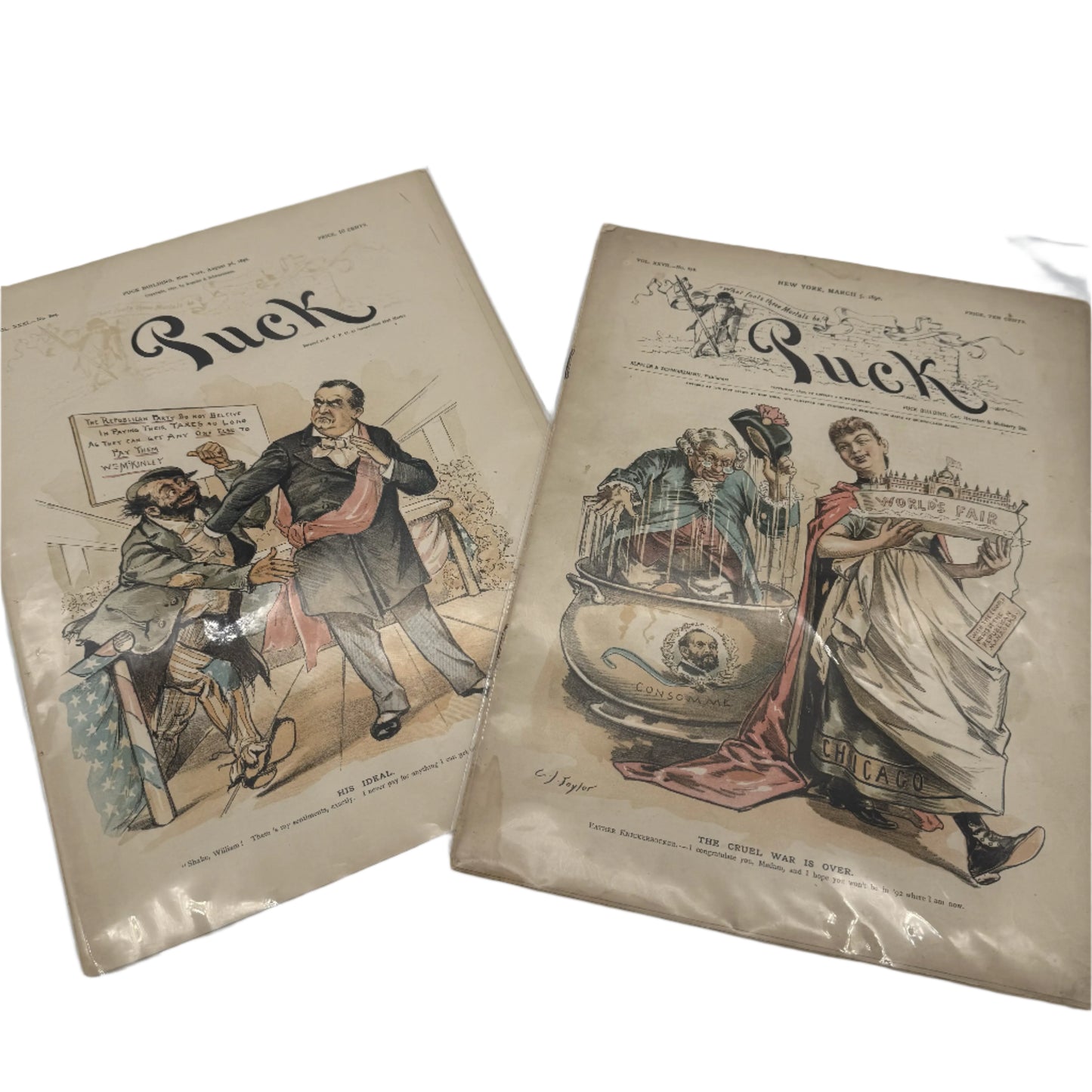 "Puck" and "Judge" Magazines — 1881 - 1905 — Fourteen issues in an archival box