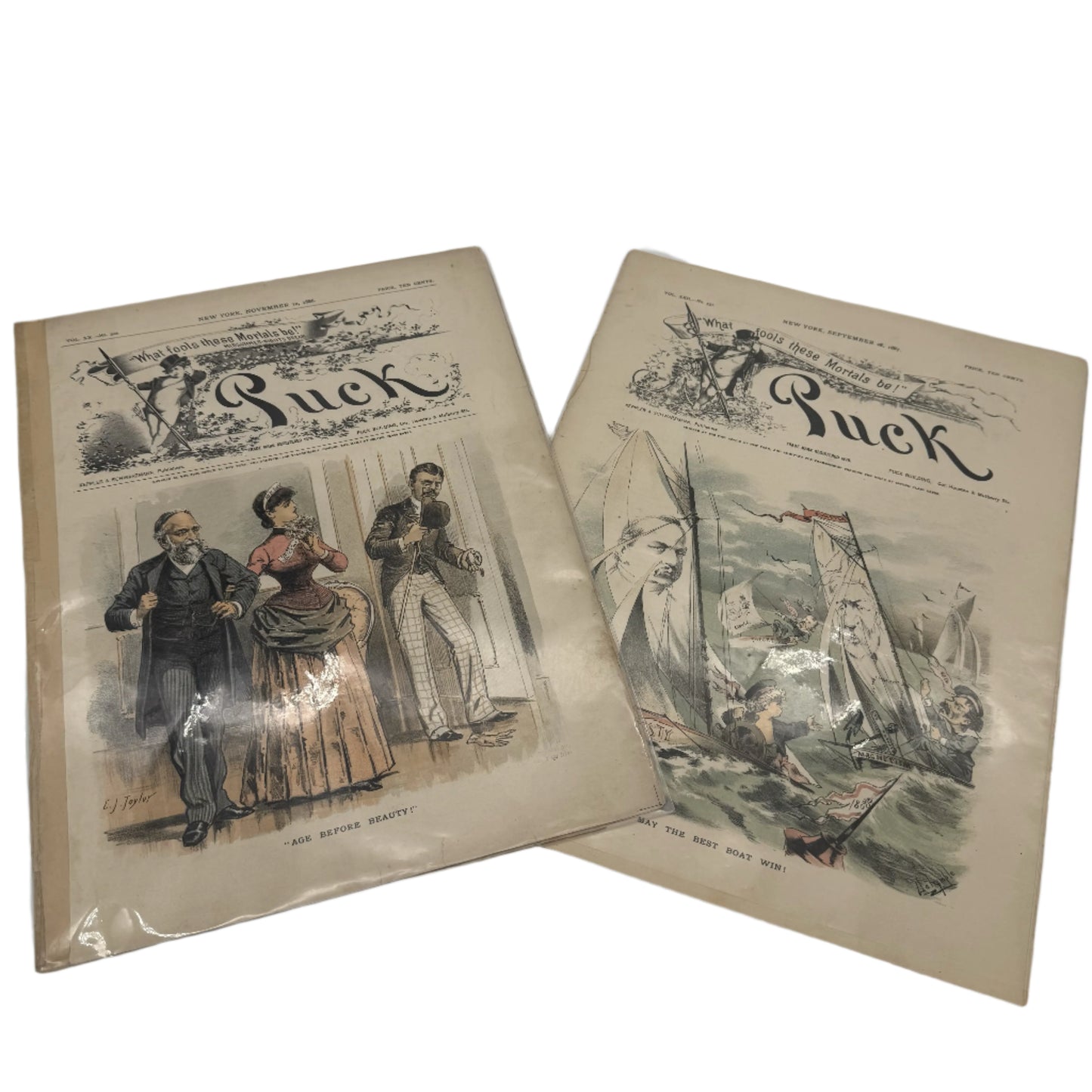 "Puck" and "Judge" Magazines — 1881 - 1905 — Fourteen issues in an archival box