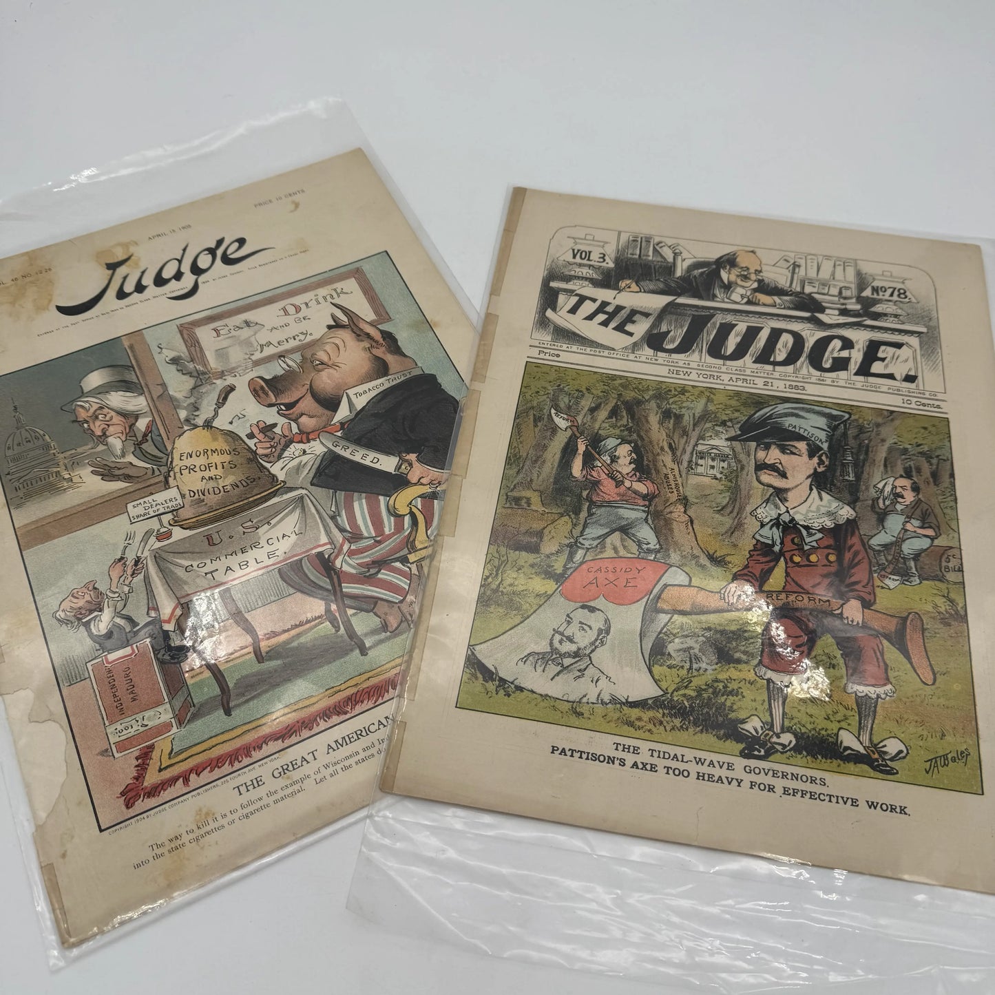 "Puck" and "Judge" Magazines — 1881 - 1905 — Fourteen issues in an archival box