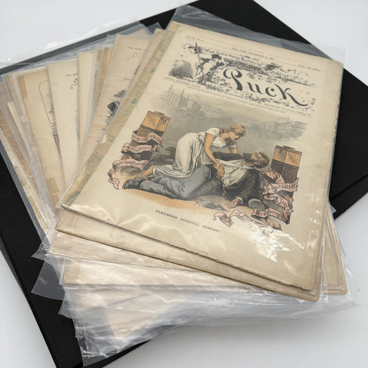 "Puck" and "Judge" Magazines — 1881 - 1905 — Fourteen issues in an archival box