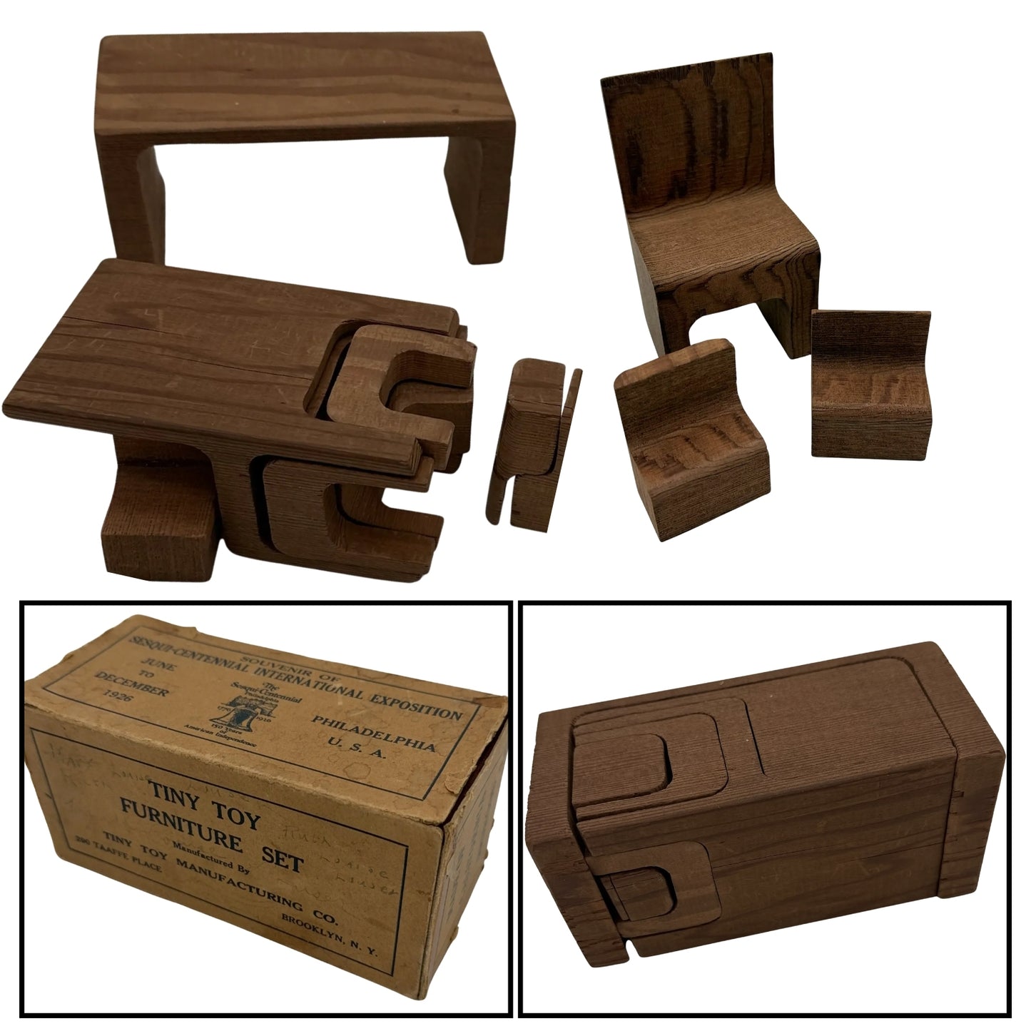 1926 Sesquicentennial Exposition “Tiny Toy” Furniture Puzzle Set made from California Redwood